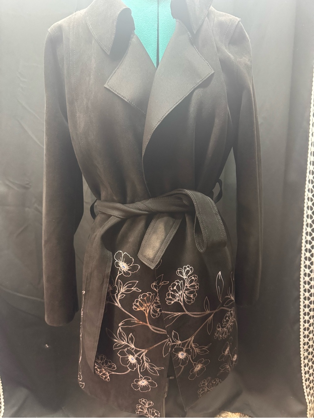 Women's Dark Black Suede Floral Belted Coat with beautiful embroidery